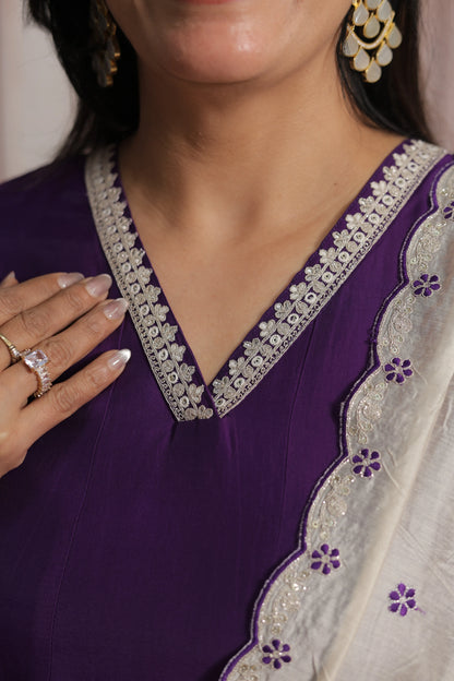 Royal Purple & White Cream Anarkali Dupatta Set (Plazo Set) | Premium Silk Fabric
