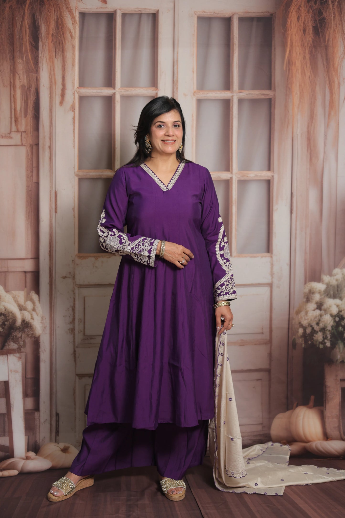 Royal Purple & White Cream Anarkali Dupatta Set (Plazo Set) | Premium Silk Fabric