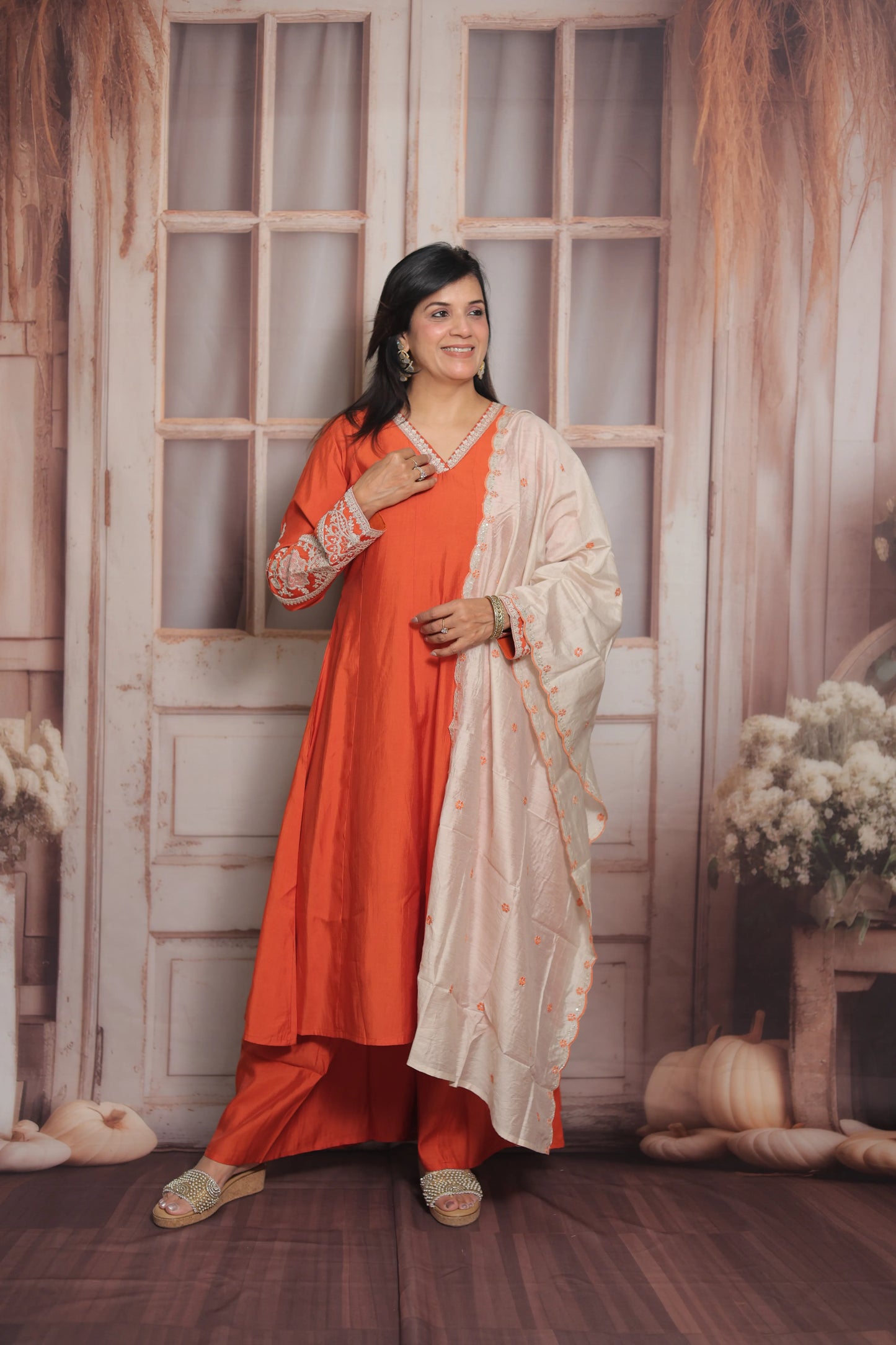 Rust Orange & White Cream Anarkali Dupatta Set (Plazo Set) | Premium Silk Fabric
