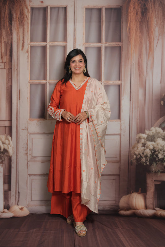 Rust Orange & White Cream Anarkali Dupatta Set (Plazo Set) | Premium Silk Fabric