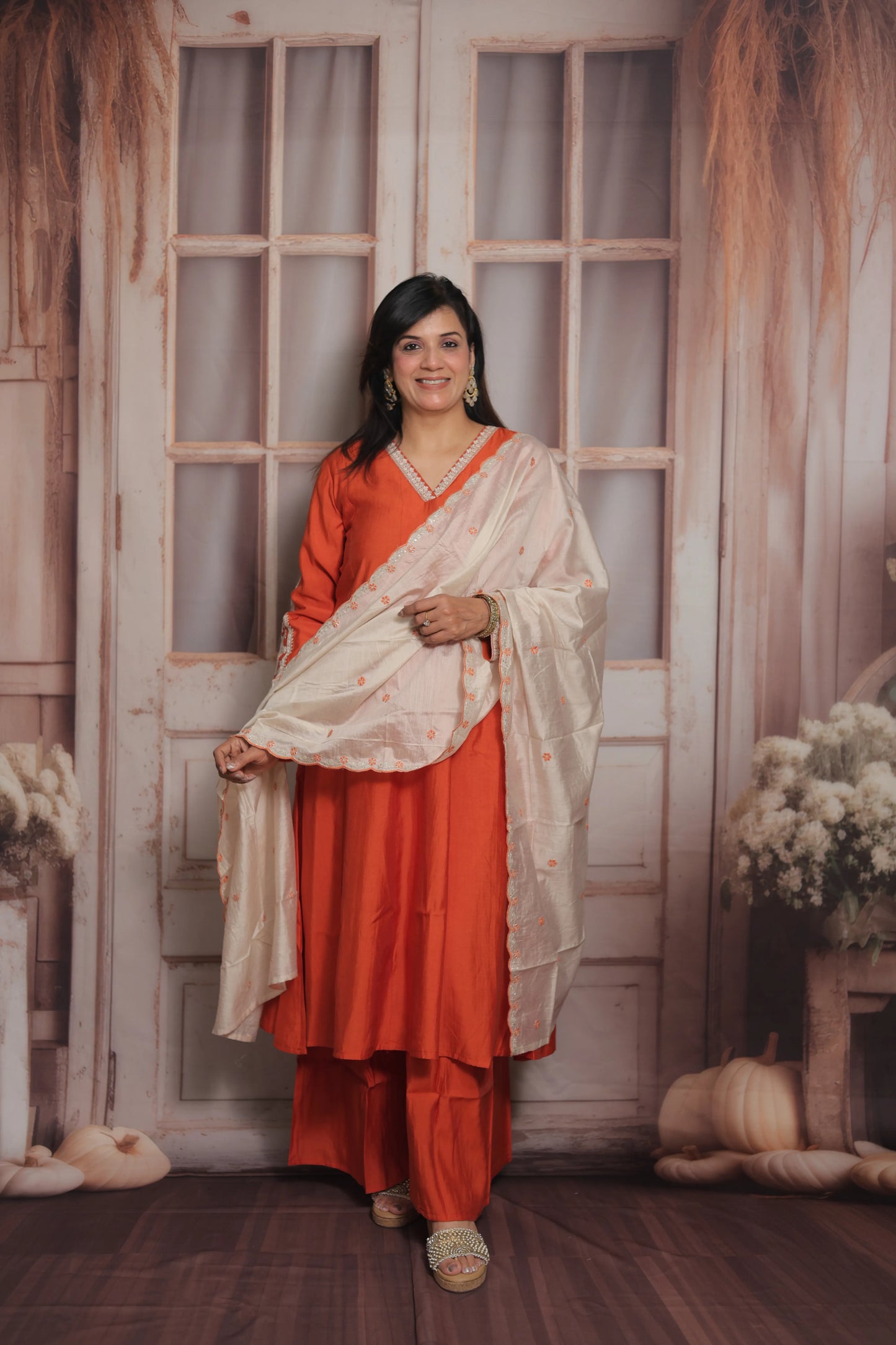 Rust Orange & White Cream Anarkali Dupatta Set (Plazo Set) | Premium Silk Fabric