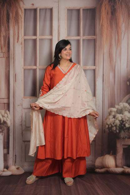 Rust Orange & White Cream Anarkali Dupatta Set (Plazo Set) | Premium Silk Fabric