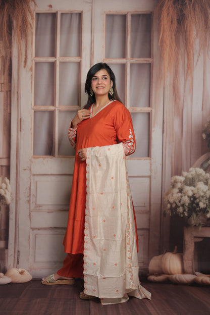 Rust Orange & White Cream Anarkali Dupatta Set (Plazo Set) | Premium Silk Fabric