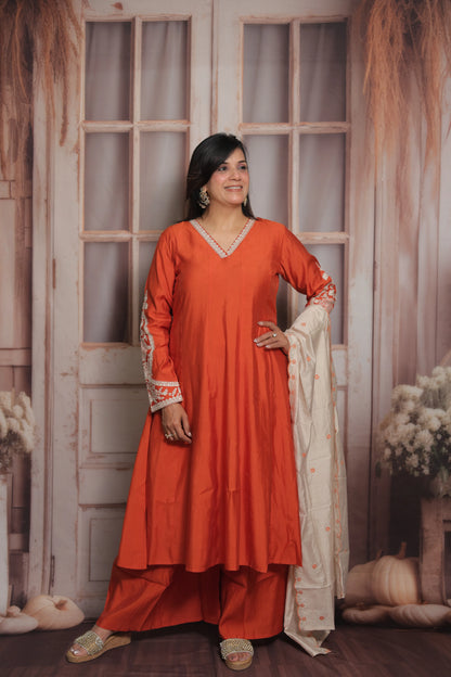 Rust Orange & White Cream Anarkali Dupatta Set (Plazo Set) | Premium Silk Fabric