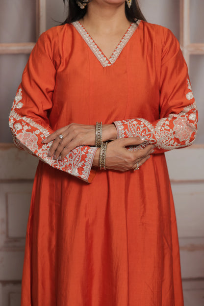 Rust Orange & White Cream Anarkali Dupatta Set (Plazo Set) | Premium Silk Fabric
