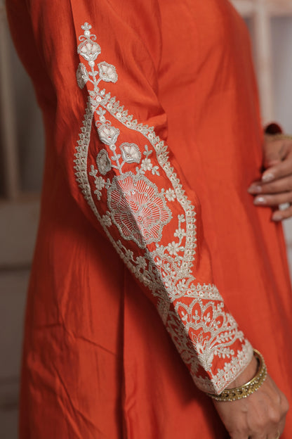 Rust Orange & White Cream Anarkali Dupatta Set (Plazo Set) | Premium Silk Fabric