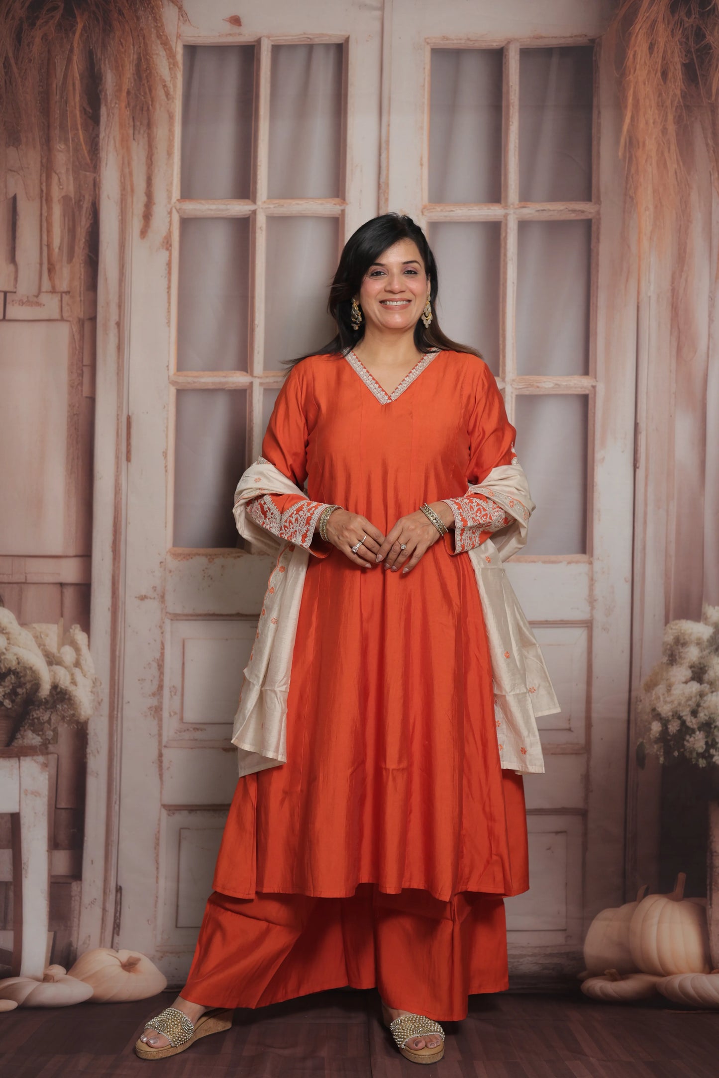 Rust Orange & White Cream Anarkali Dupatta Set (Plazo Set) | Premium Silk Fabric