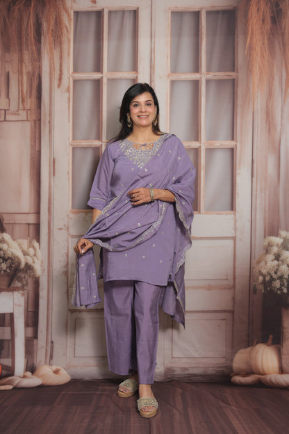 Lavender Short Kurta Dupatta Set | Mul Chanderi Fabric