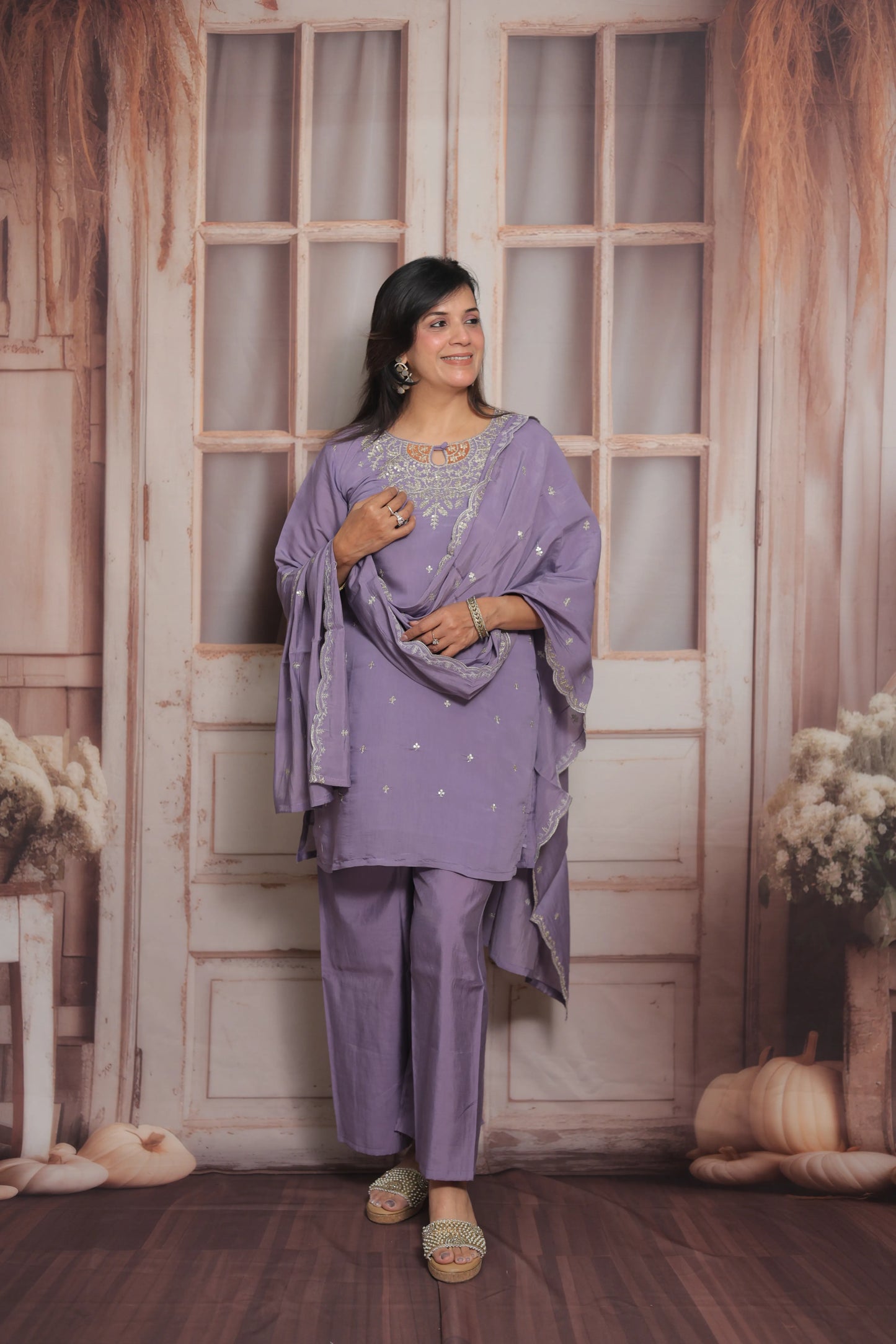 Lavender Short Kurta Dupatta Set | Mul Chanderi Fabric