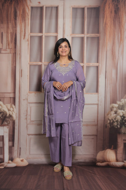 Lavender Short Kurta Dupatta Set | Mul Chanderi Fabric