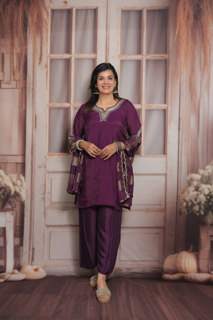 Dark Purple Short Kurta Dupatta Set | Sequins & Pearl Embroidery