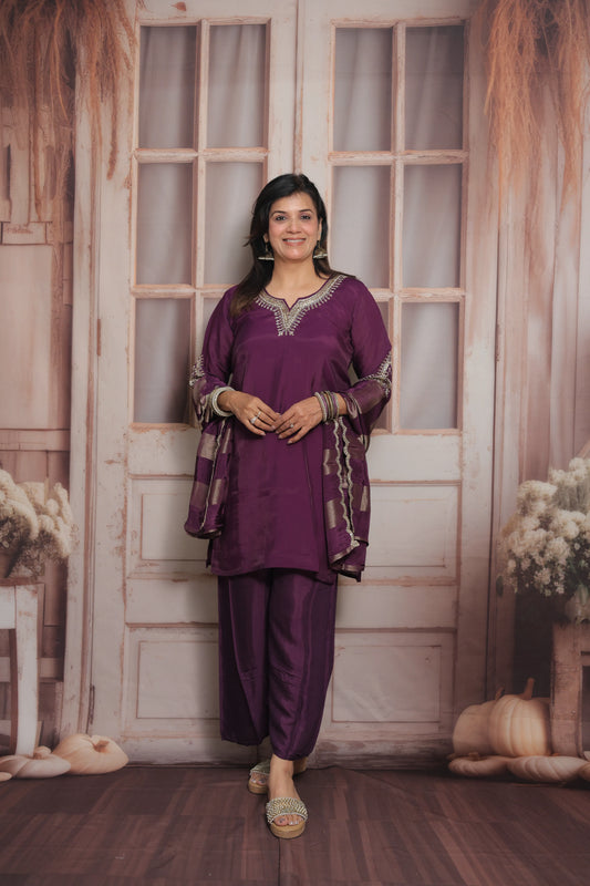 Dark Purple Short Kurta Dupatta Set | Sequins & Pearl Embroidery