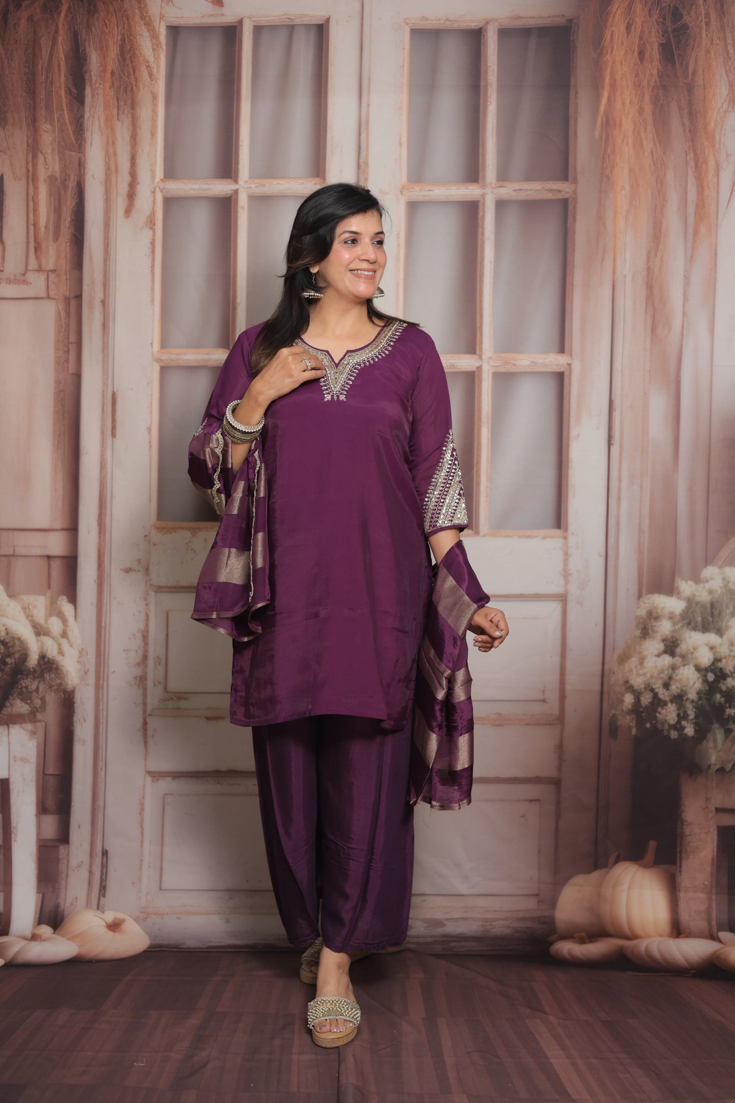 Dark Purple Short Kurta Dupatta Set | Sequins & Pearl Embroidery