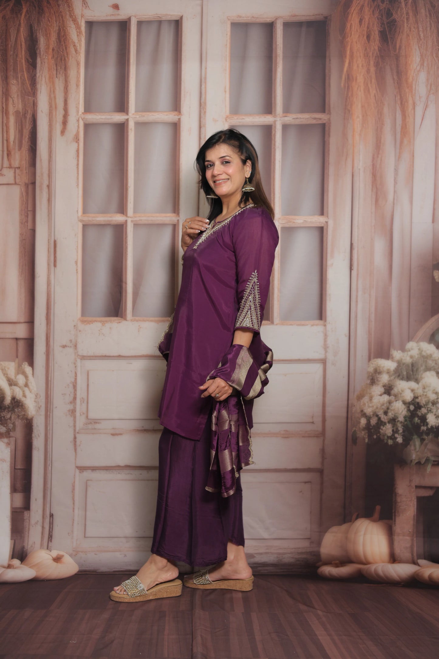 Dark Purple Short Kurta Dupatta Set | Sequins & Pearl Embroidery