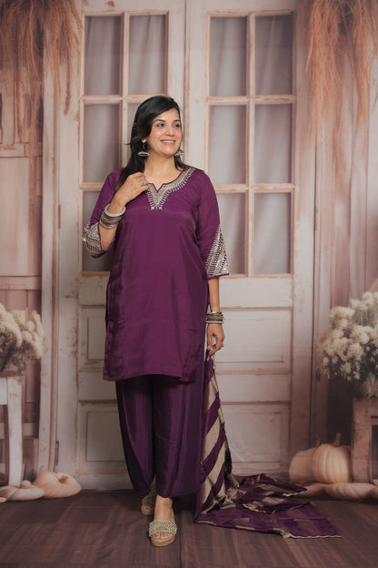 Dark Purple Short Kurta Dupatta Set | Sequins & Pearl Embroidery