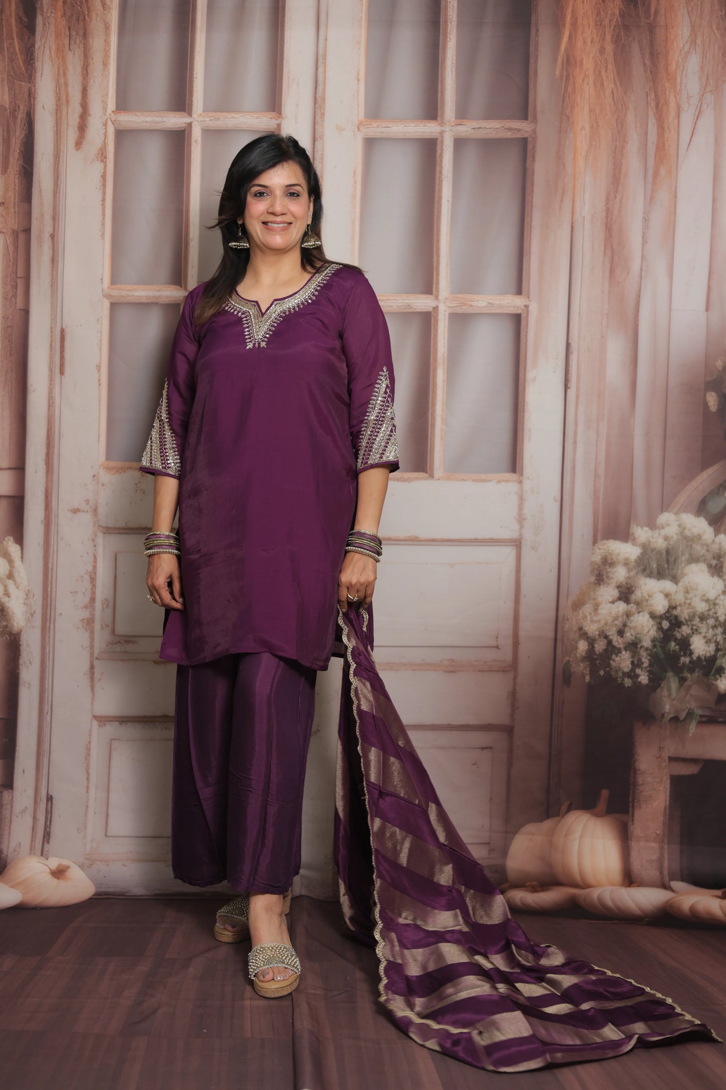 Dark Purple Short Kurta Dupatta Set | Sequins & Pearl Embroidery