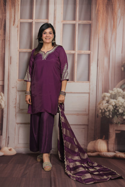 Dark Purple Short Kurta Dupatta Set | Sequins & Pearl Embroidery