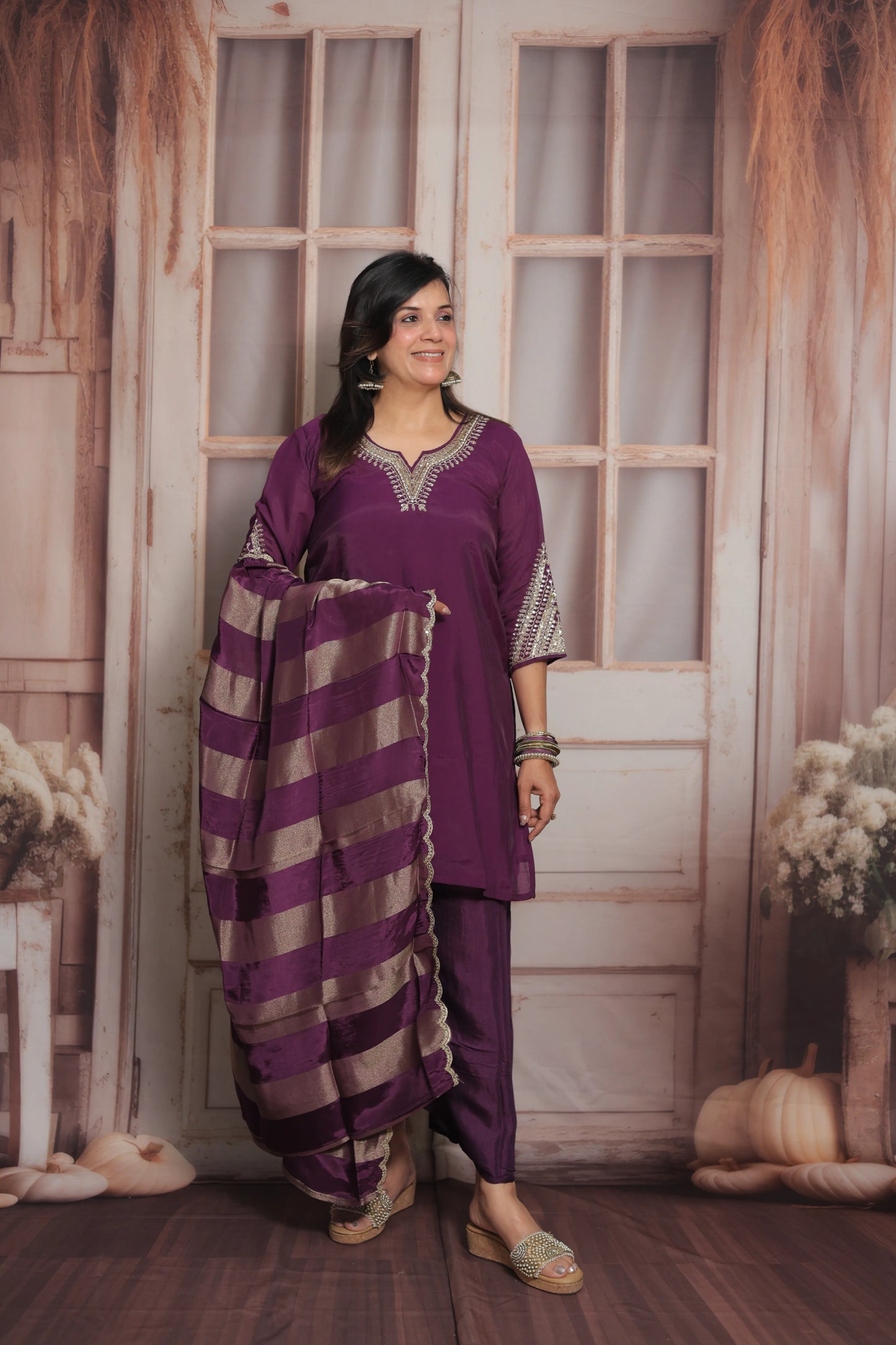 Dark Purple Short Kurta Dupatta Set | Sequins & Pearl Embroidery