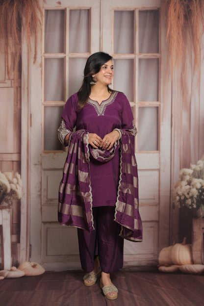 Dark Purple Short Kurta Dupatta Set | Sequins & Pearl Embroidery