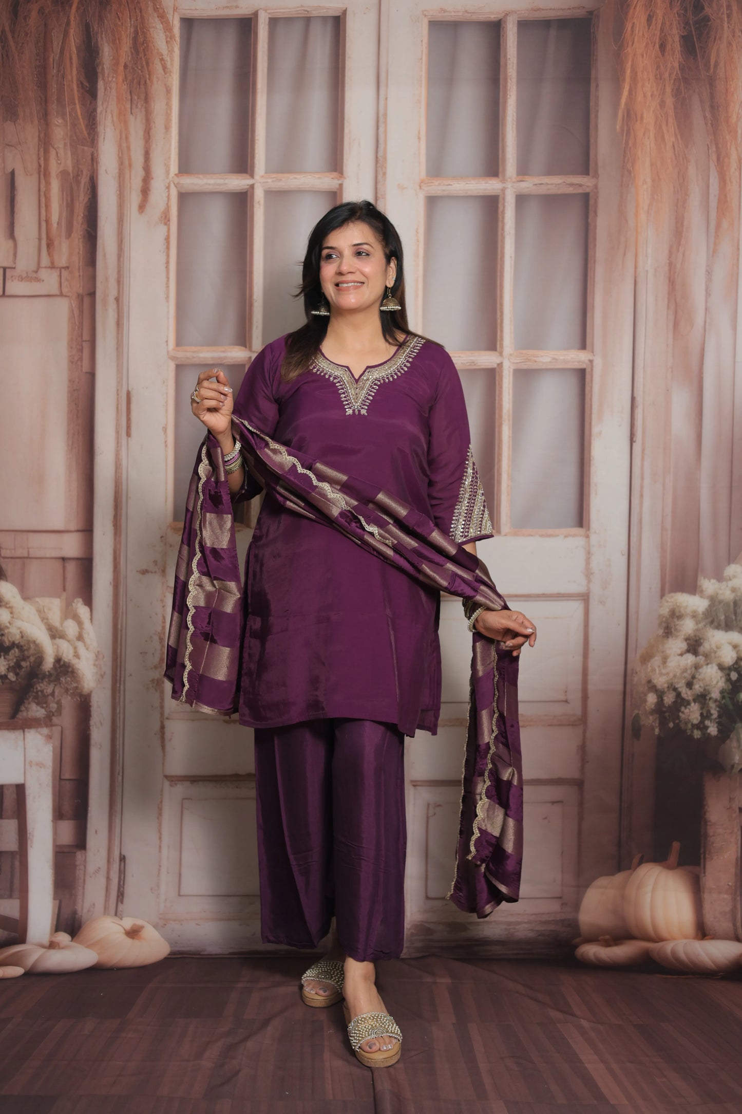 Dark Purple Short Kurta Dupatta Set | Sequins & Pearl Embroidery