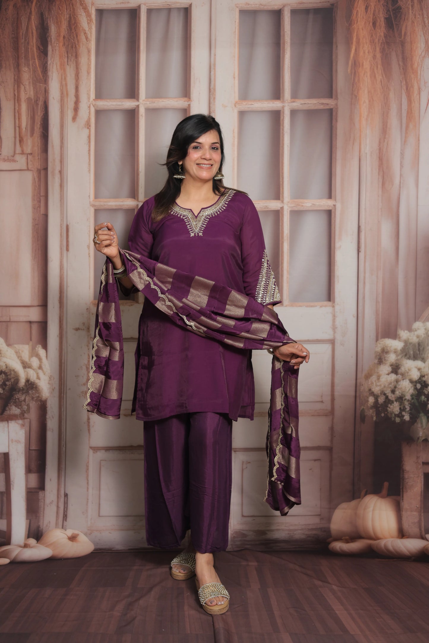 Dark Purple Short Kurta Dupatta Set | Sequins & Pearl Embroidery