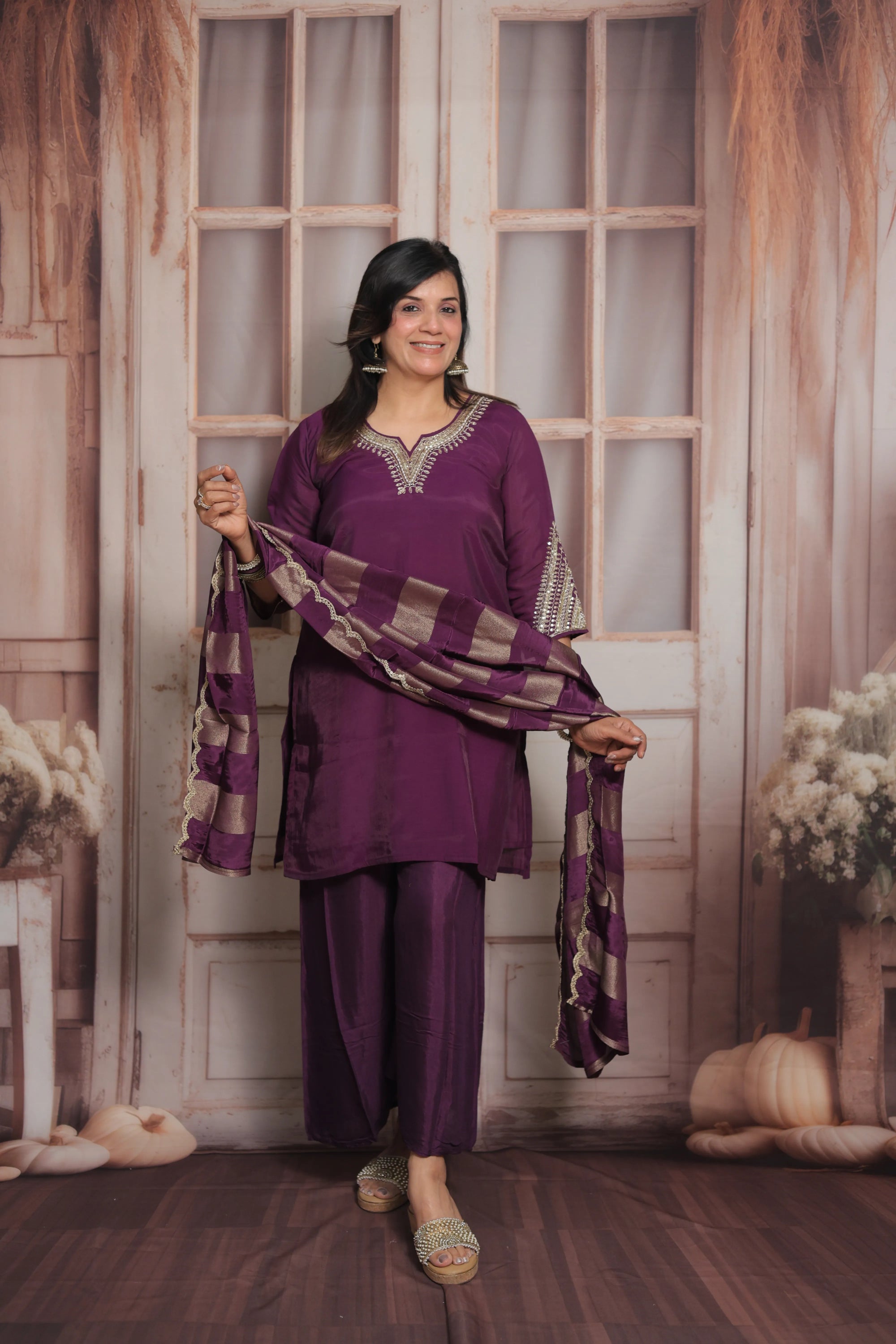 Dark Purple Short Kurta Dupatta Set | Sequins & Pearl Embroidery