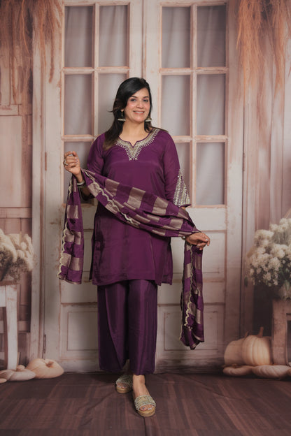 Dark Purple Short Kurta Dupatta Set | Sequins & Pearl Embroidery