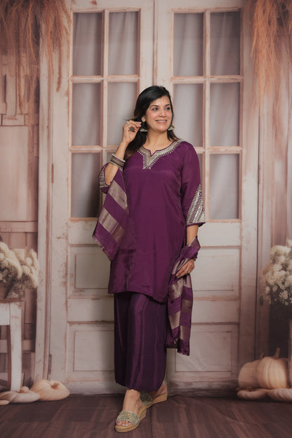 Dark Purple Short Kurta Dupatta Set | Sequins & Pearl Embroidery