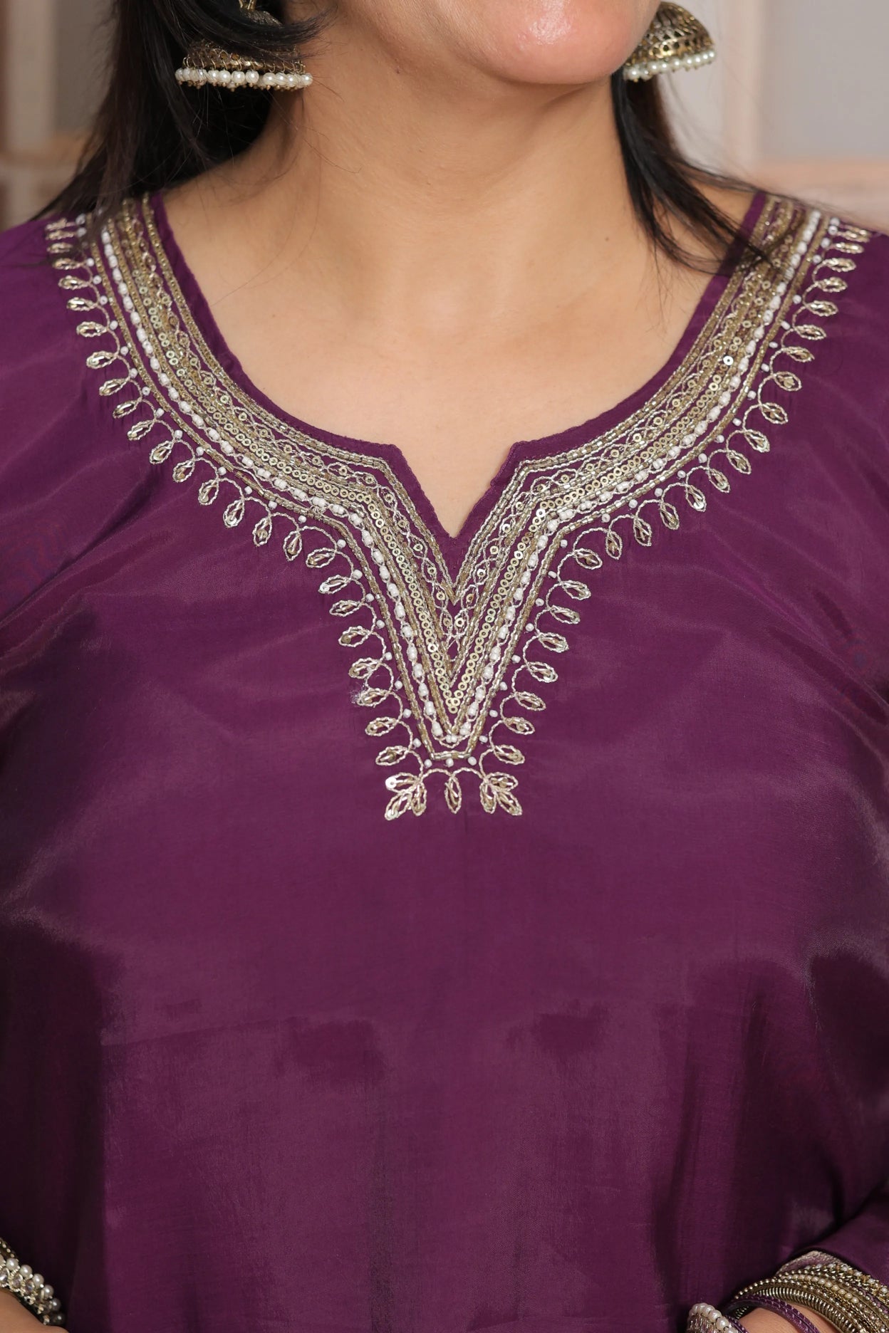 Dark Purple Short Kurta Dupatta Set | Sequins & Pearl Embroidery