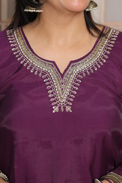 Dark Purple Short Kurta Dupatta Set | Sequins & Pearl Embroidery