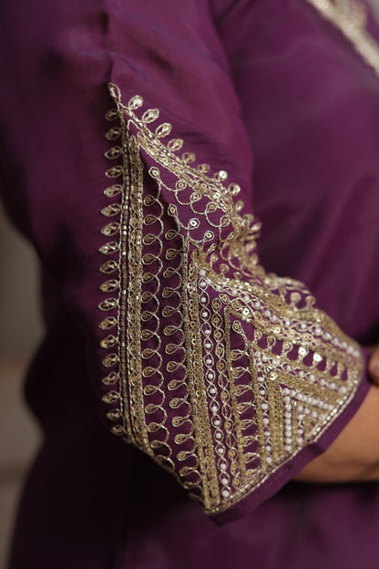 Dark Purple Short Kurta Dupatta Set | Sequins & Pearl Embroidery