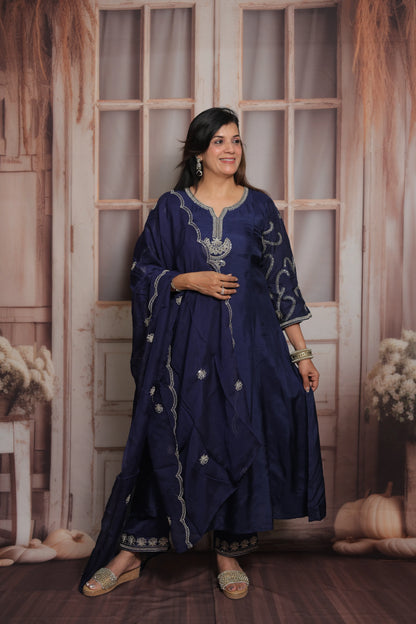 Dark Navy A-Line Kurta Dupatta Set | Pure Silk | Sequins & Pearl Embroidery Work