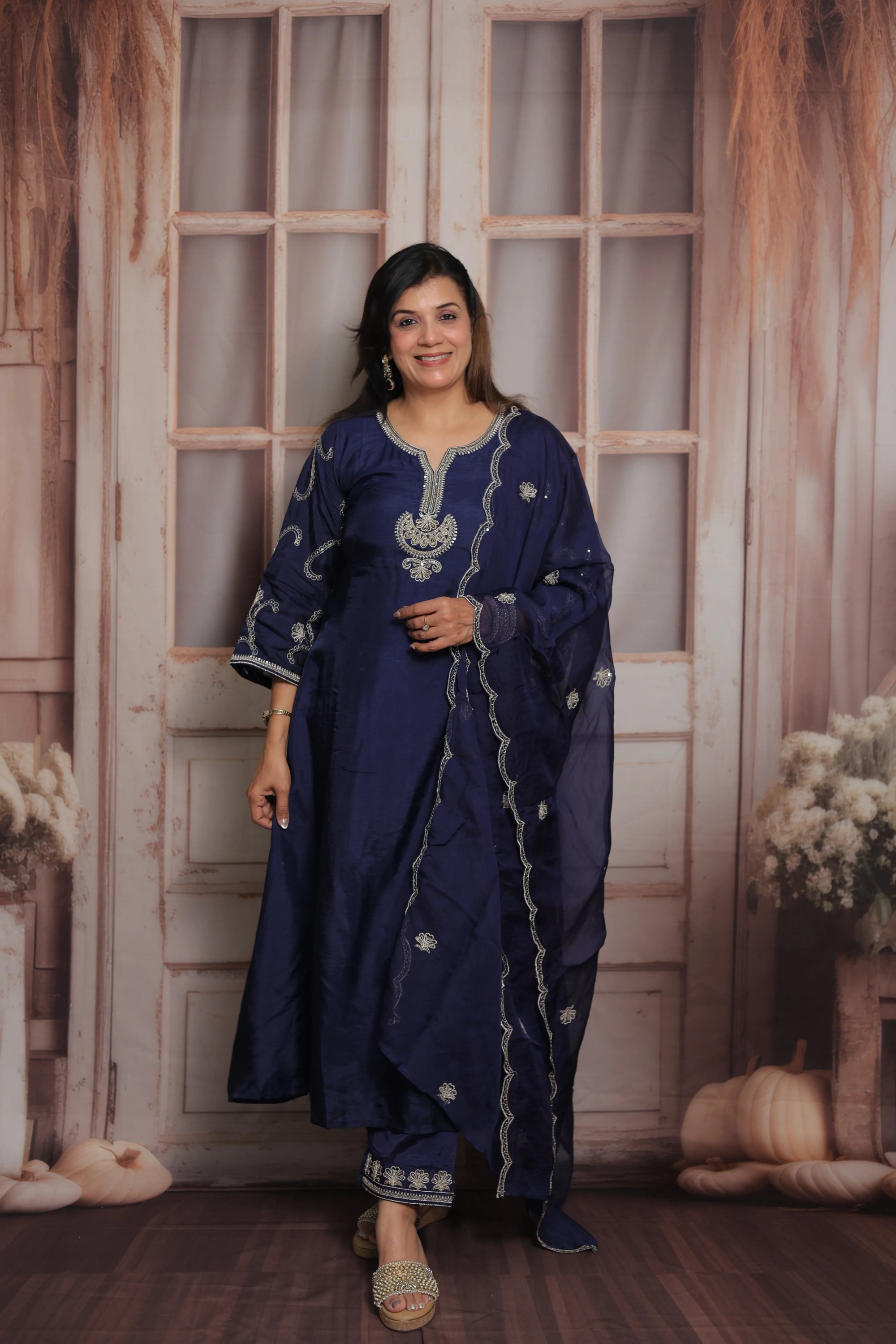 Dark Navy A-Line Kurta Dupatta Set | Pure Silk | Sequins & Pearl Embroidery Work
