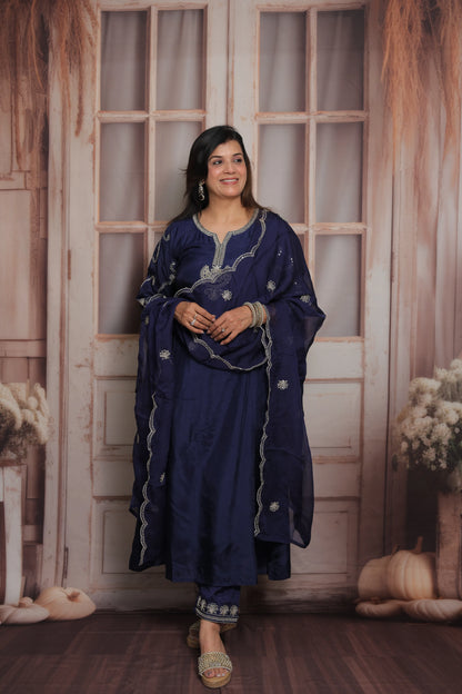 Dark Navy A-Line Kurta Dupatta Set | Pure Silk | Sequins & Pearl Embroidery Work