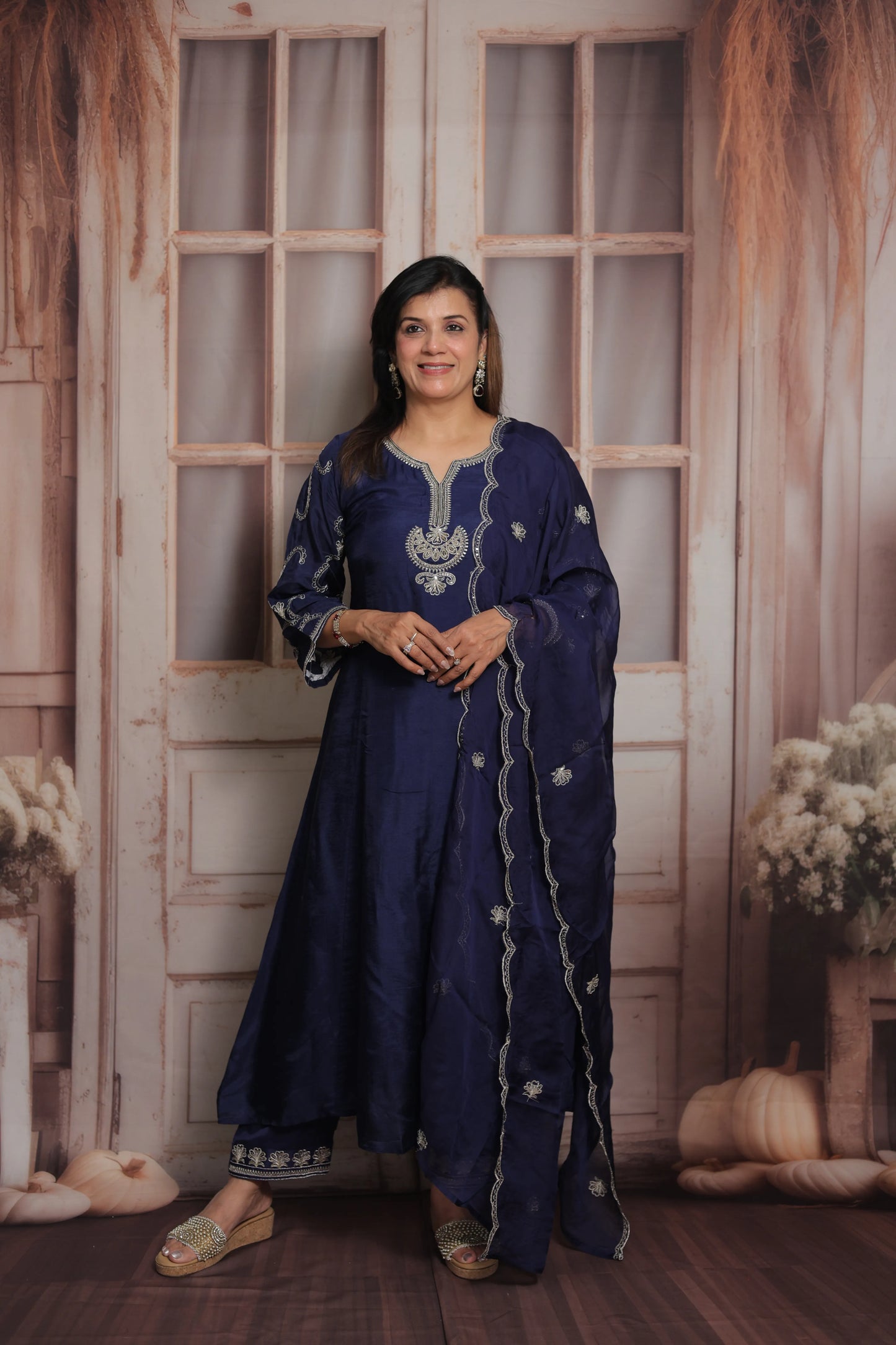 Dark Navy A-Line Kurta Dupatta Set | Pure Silk | Sequins & Pearl Embroidery Work