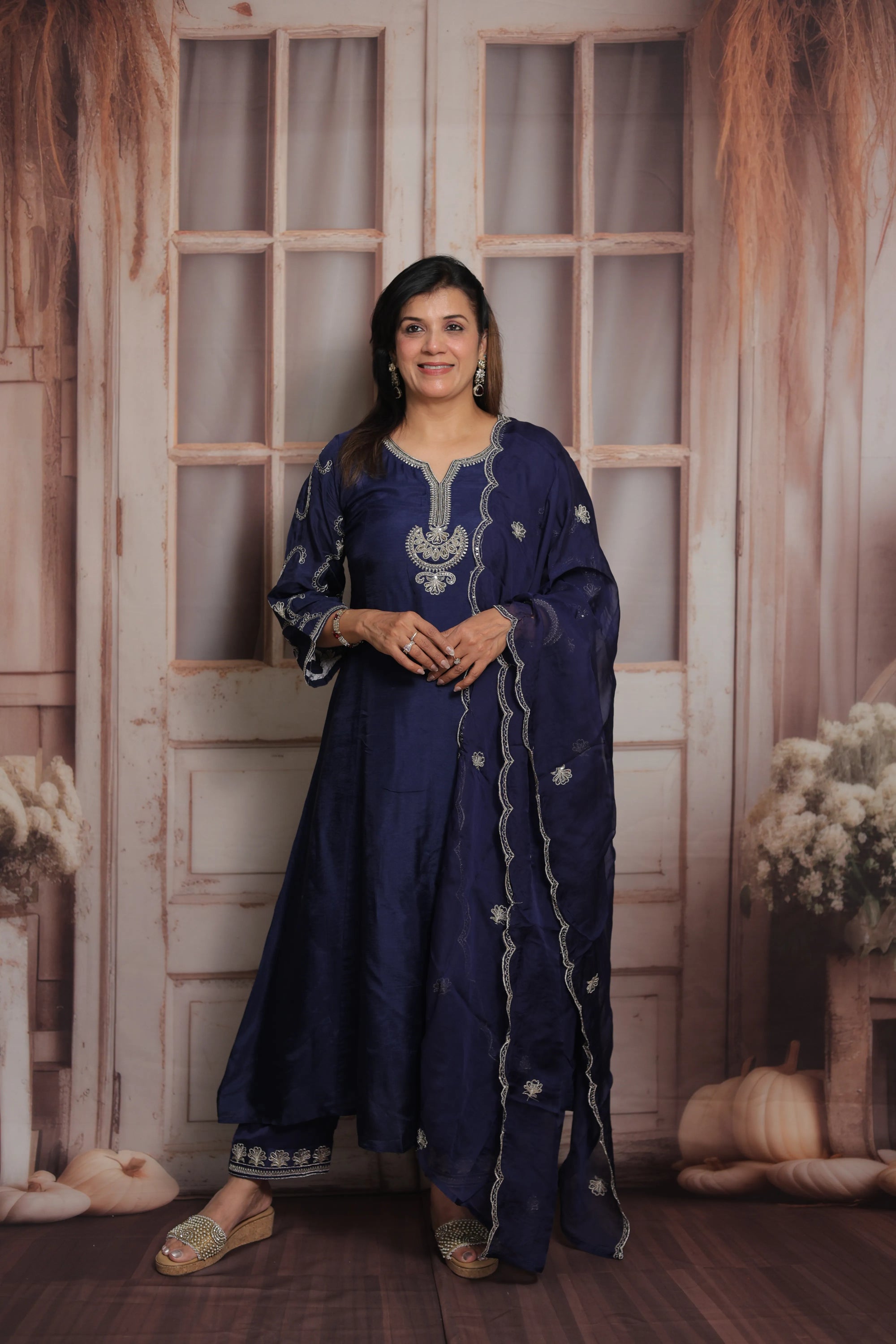 Dark Navy A-Line Kurta Dupatta Set | Pure Silk | Sequins & Pearl Embroidery Work