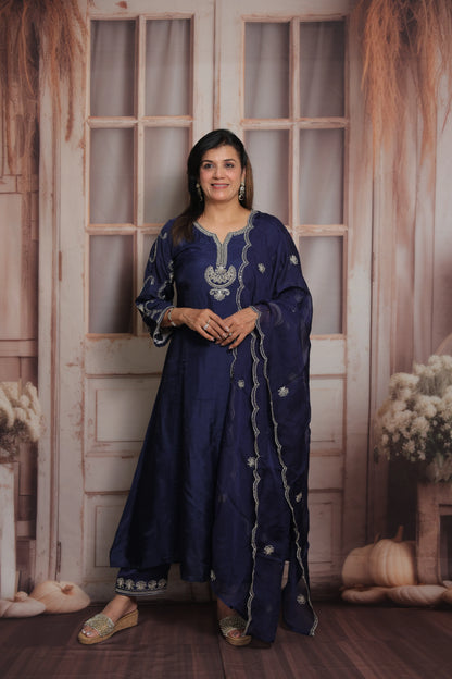 Dark Navy A-Line Kurta Dupatta Set | Pure Silk | Sequins & Pearl Embroidery Work