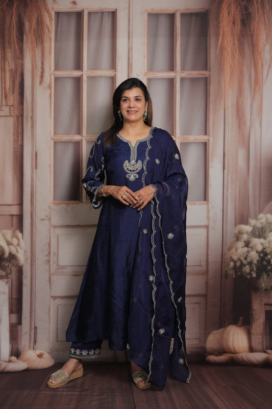 Dark Navy A-Line Kurta Dupatta Set | Pure Silk | Sequins & Pearl Embroidery Work