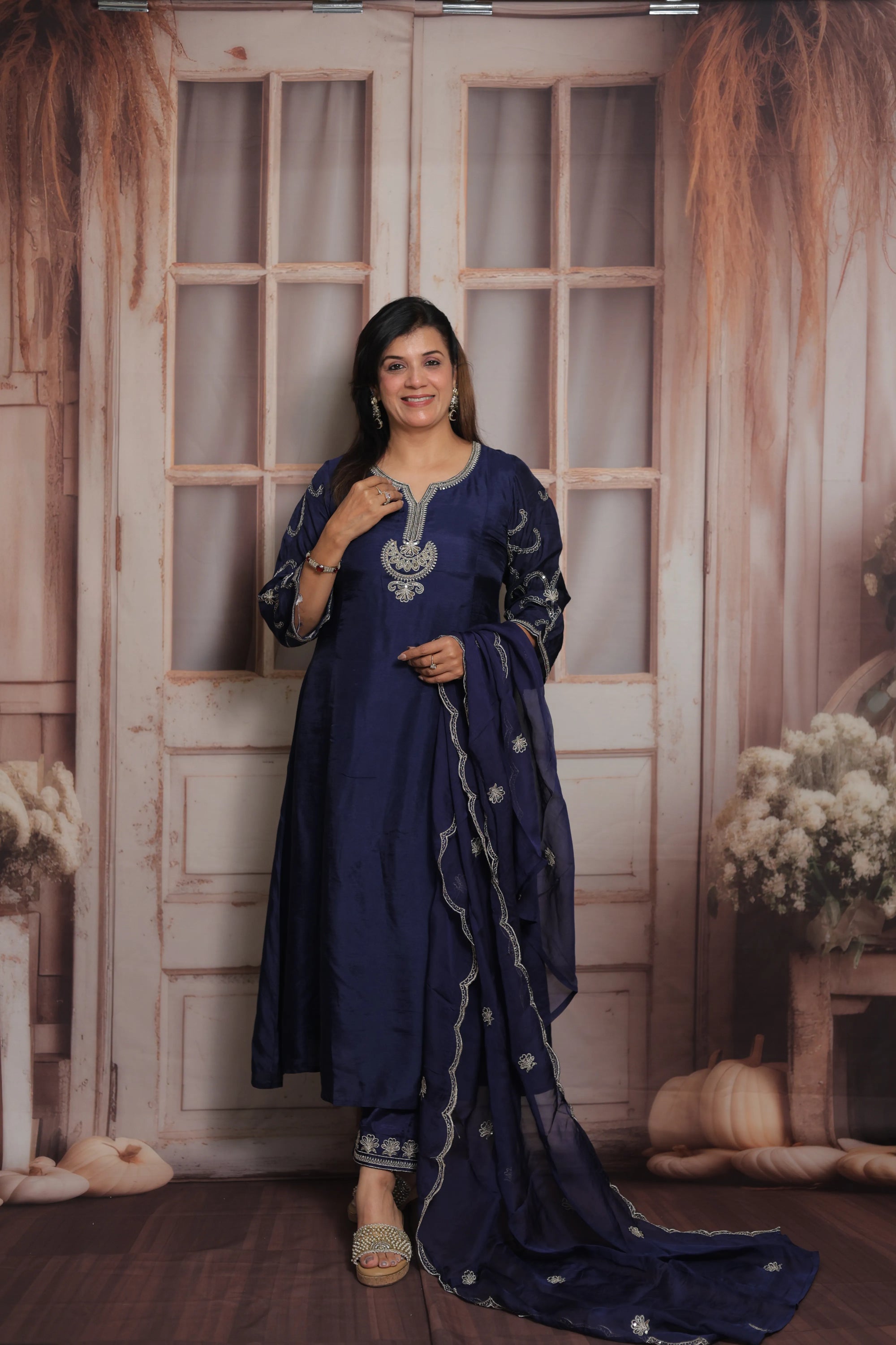 Dark Navy A-Line Kurta Dupatta Set | Pure Silk | Sequins & Pearl Embroidery Work