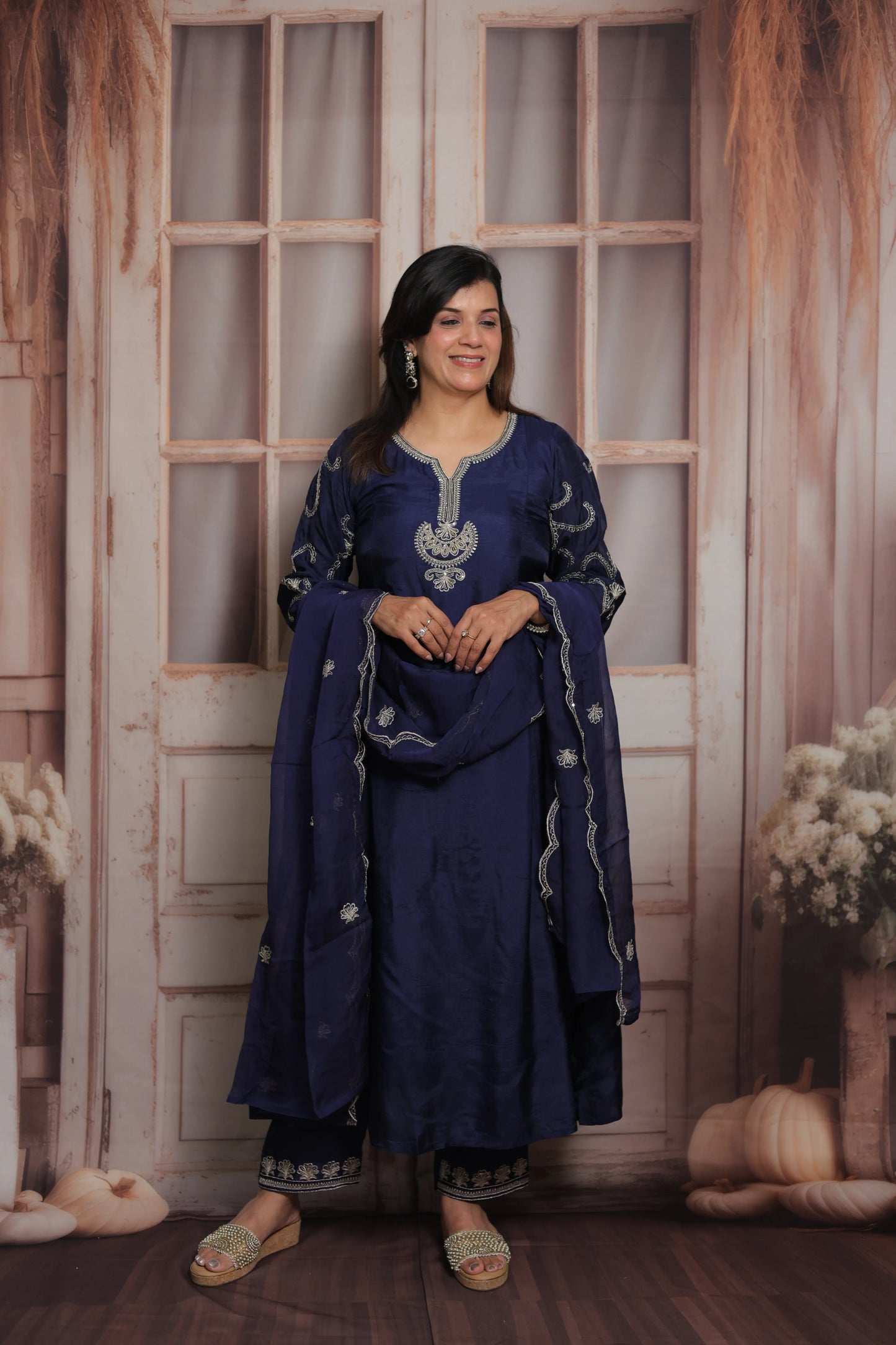 Dark Navy A-Line Kurta Dupatta Set | Pure Silk | Sequins & Pearl Embroidery Work