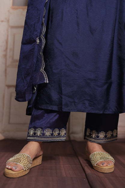 Dark Navy A-Line Kurta Dupatta Set | Pure Silk | Sequins & Pearl Embroidery Work