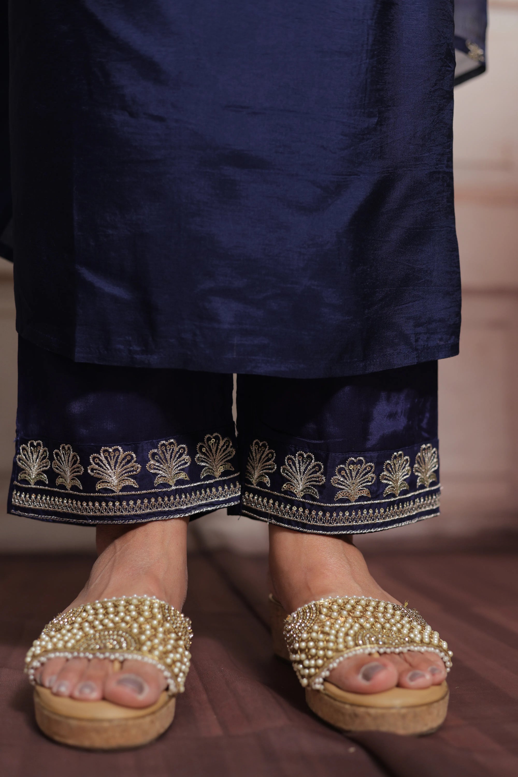 Dark Navy A-Line Kurta Dupatta Set | Pure Silk | Sequins & Pearl Embroidery Work