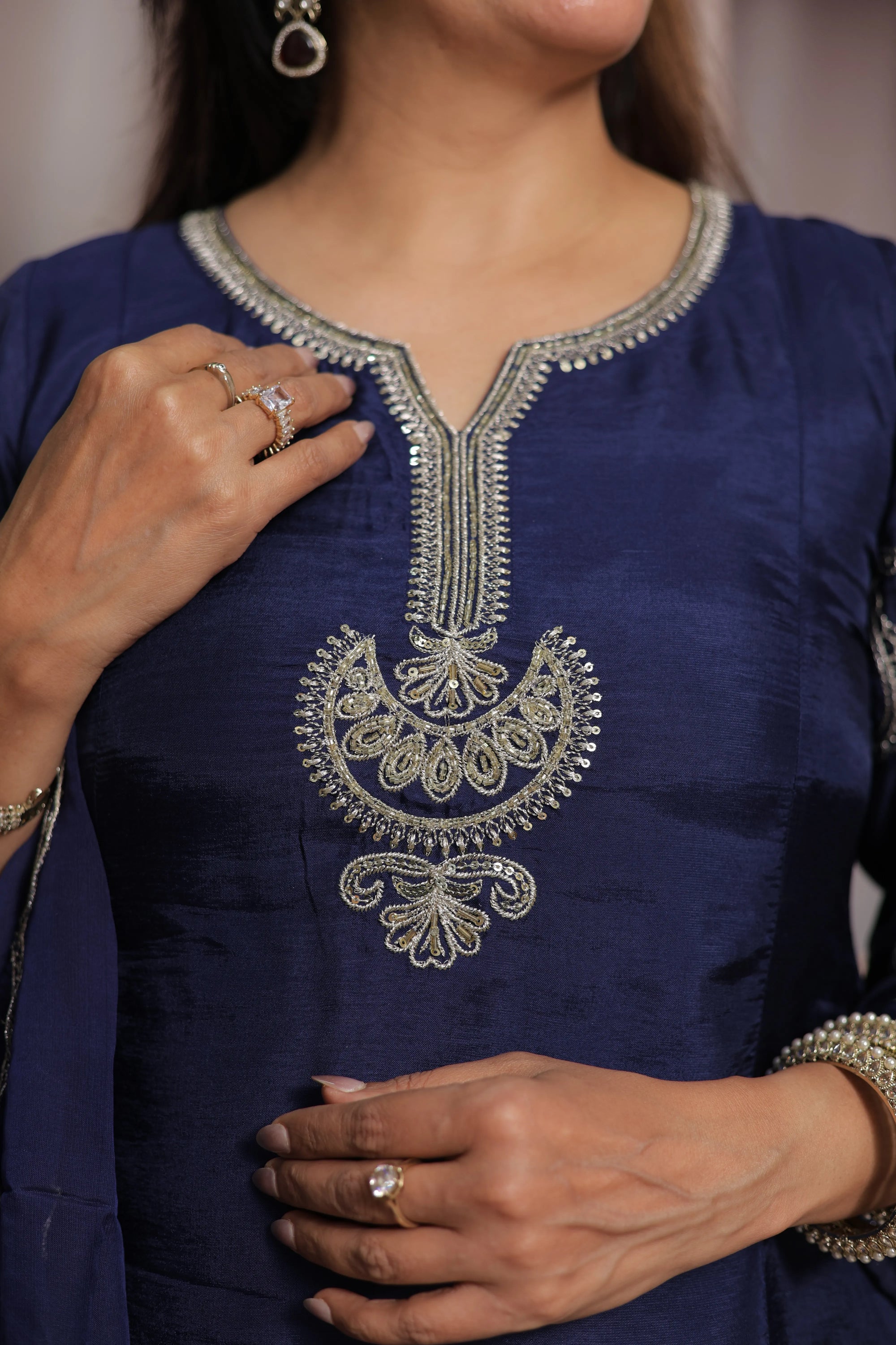 Dark Navy A-Line Kurta Dupatta Set | Pure Silk | Sequins & Pearl Embroidery Work