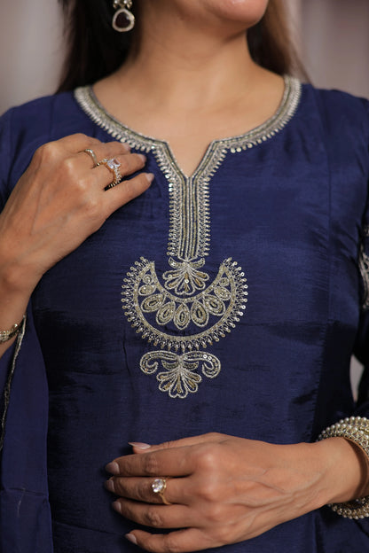 Dark Navy A-Line Kurta Dupatta Set | Pure Silk | Sequins & Pearl Embroidery Work