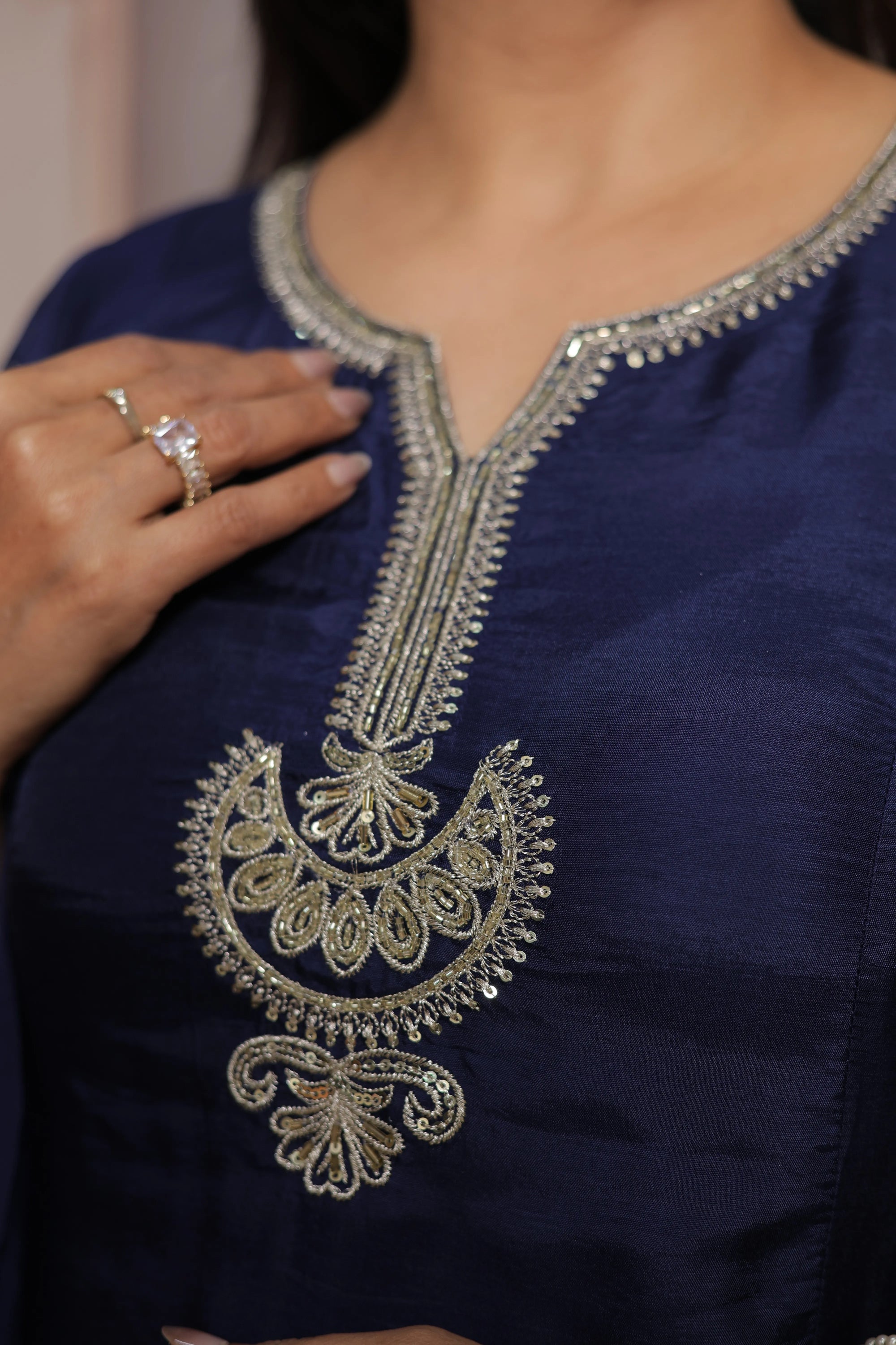 Dark Navy A-Line Kurta Dupatta Set | Pure Silk | Sequins & Pearl Embroidery Work