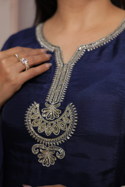 Dark Navy A-Line Kurta Dupatta Set | Pure Silk | Sequins & Pearl Embroidery Work