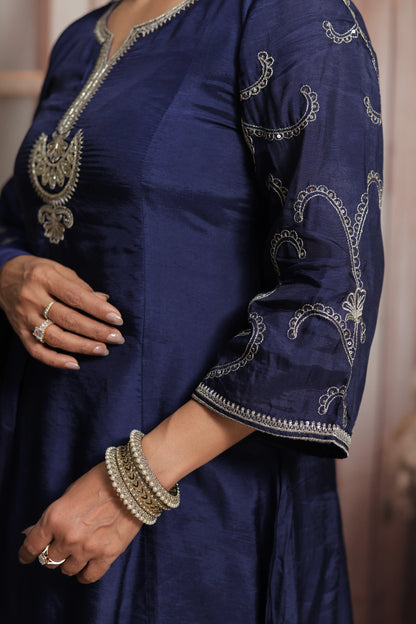 Dark Navy A-Line Kurta Dupatta Set | Pure Silk | Sequins & Pearl Embroidery Work