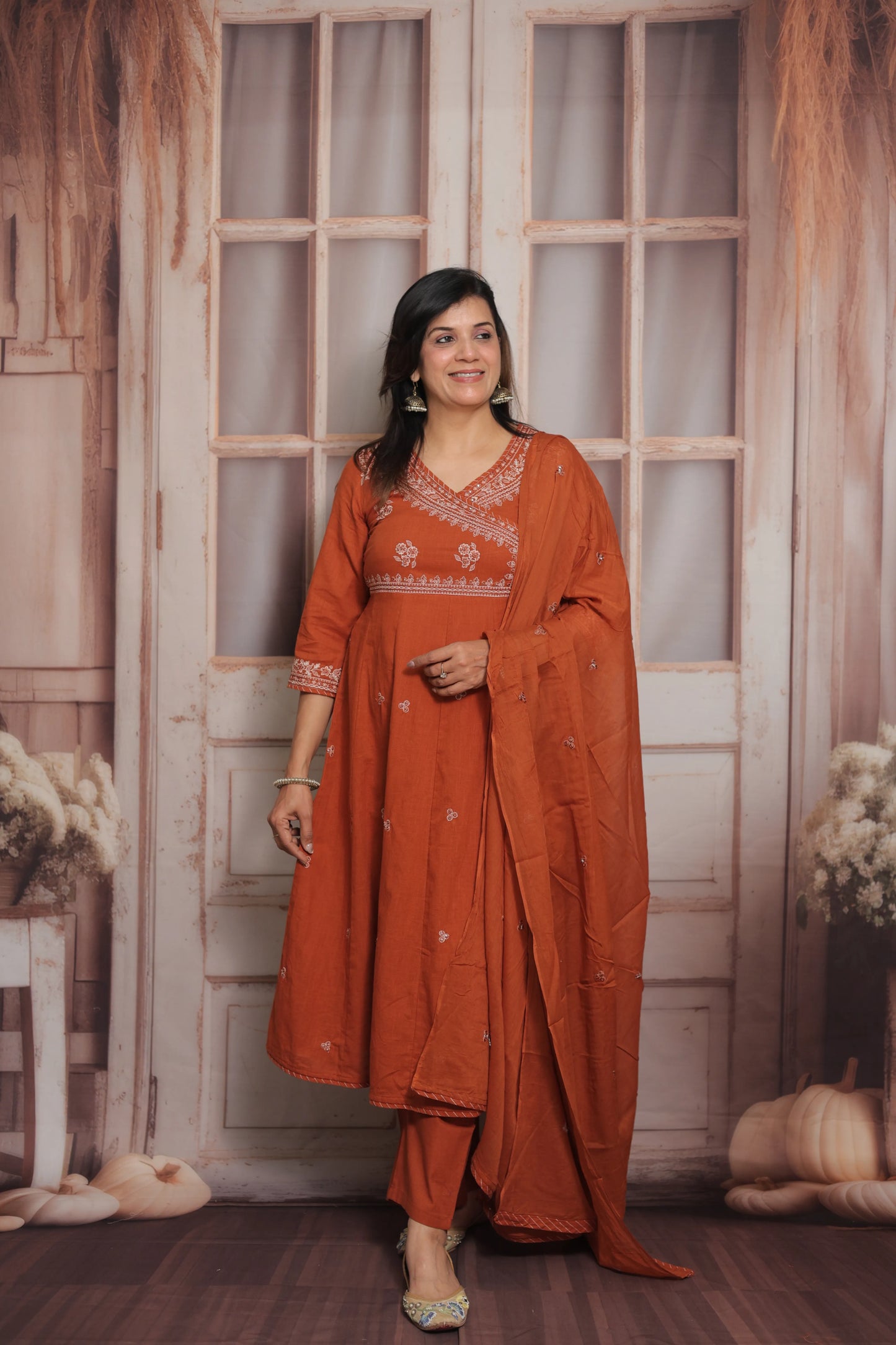 Rust Angrakha Style Kurta Dupatta Set | Cotton