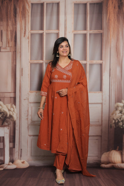 Rust Angrakha Style Kurta Dupatta Set | Cotton