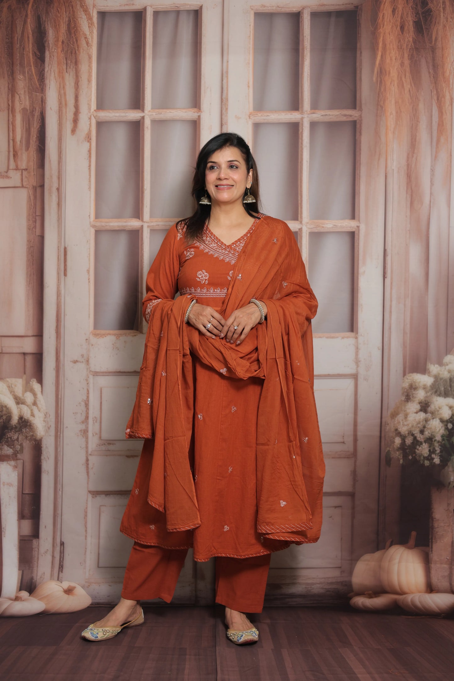 Rust Angrakha Style Kurta Dupatta Set | Cotton